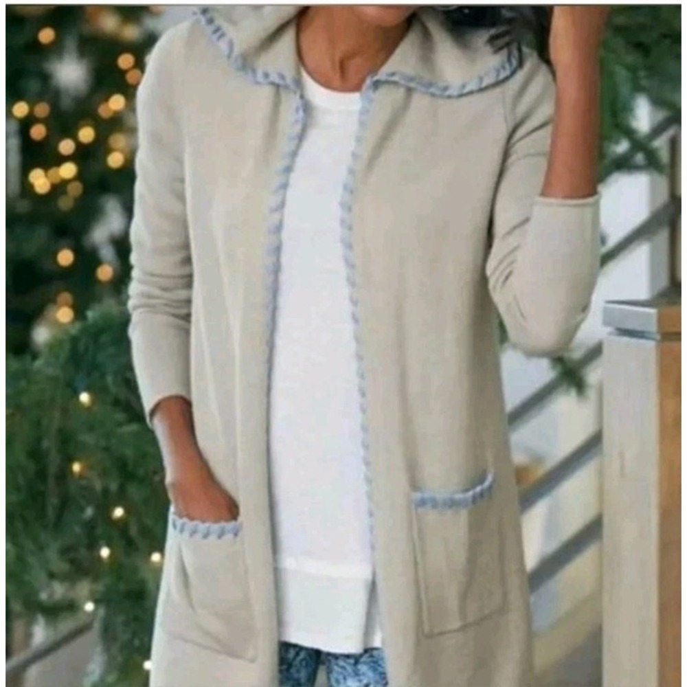 Soft Surroundings Farah Hooded Cardigan M Beige Coastal Lagenlook Beach Neutral